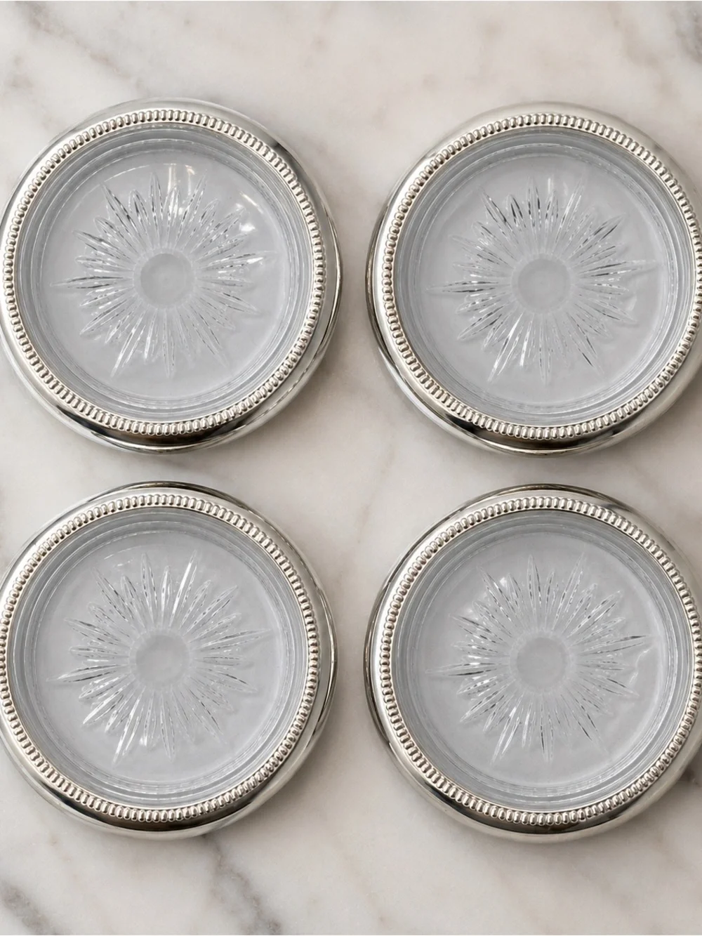 Vintage Italian Silverplate & Cut Glass Wine Coasters Set of 4